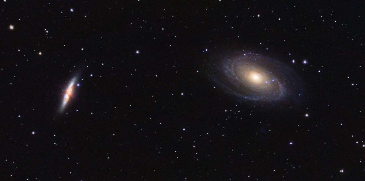 M81 and M82, the Bode's Galaxy and Cigar Galaxy pair, shown together in a wide deep-sky field.